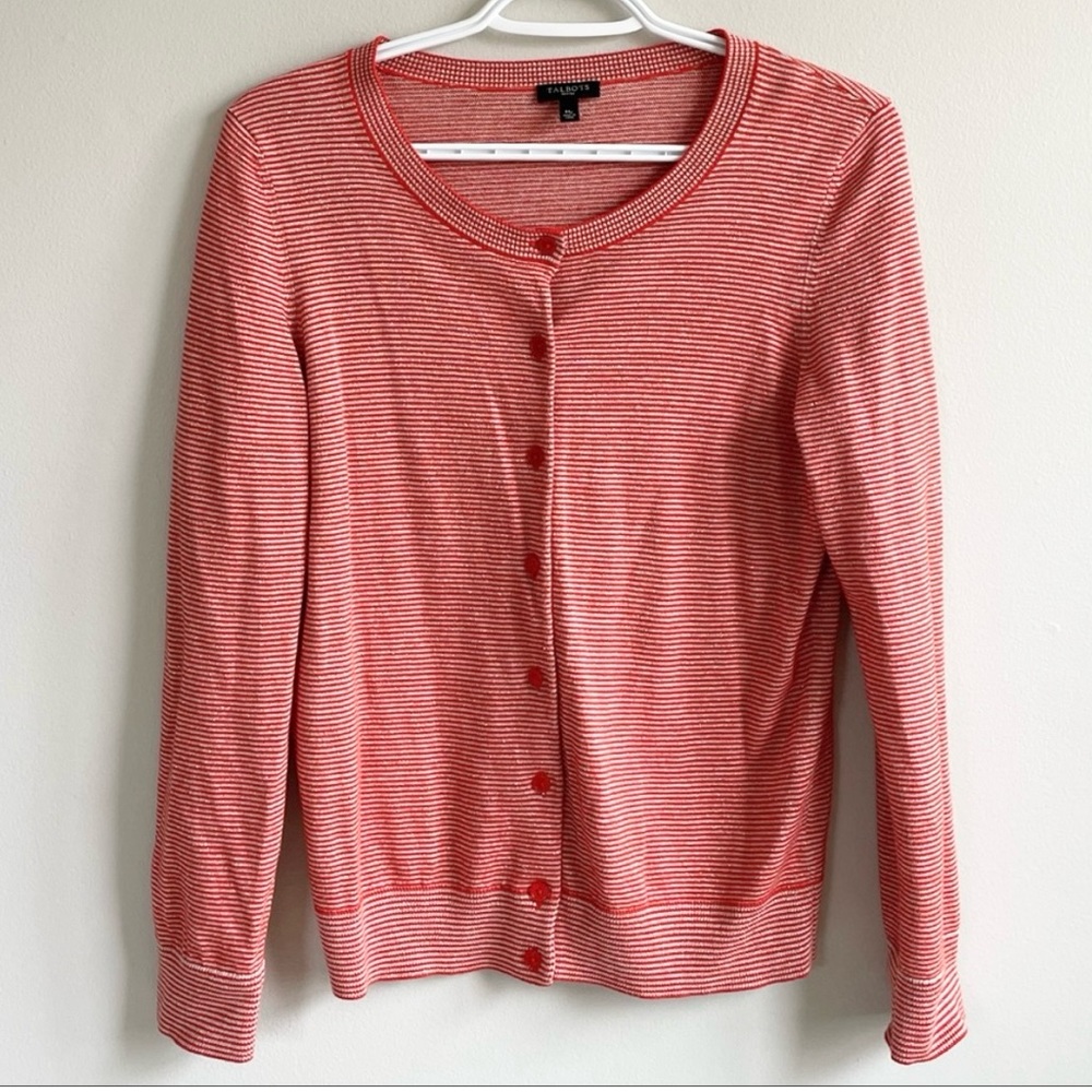 TALBOTS PETITE ORANGE CREAM METALLIC GOLD CARDIGAN BUTTON FRONT RIUND NECK